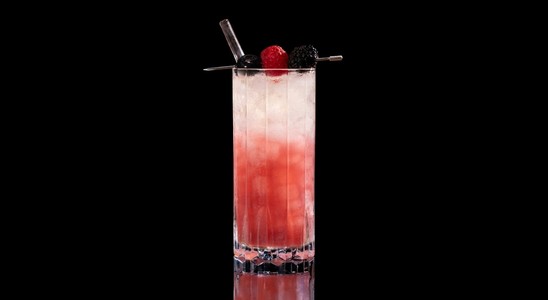 A closeup of a Almond Berry Spritz drink against a dark background.