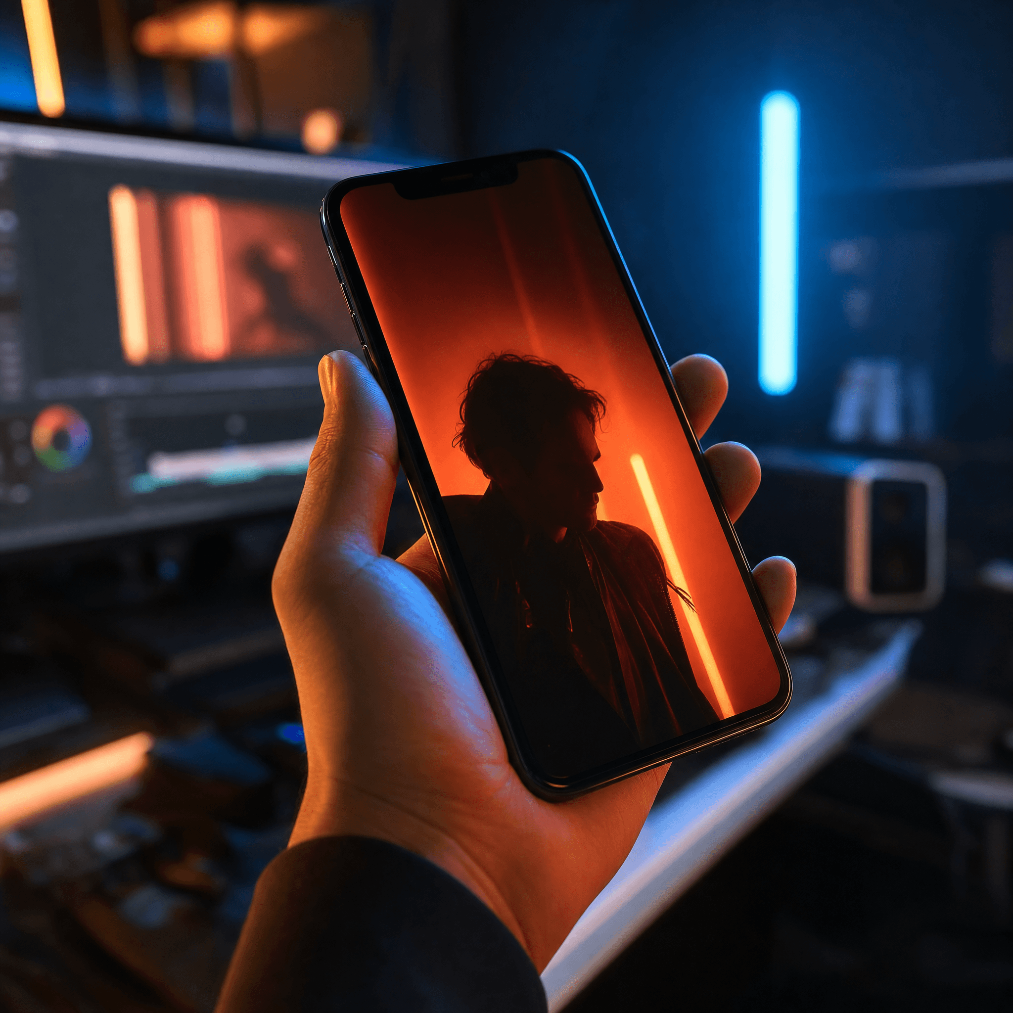 Person holding a smartphone with social media icons floating around the screen.