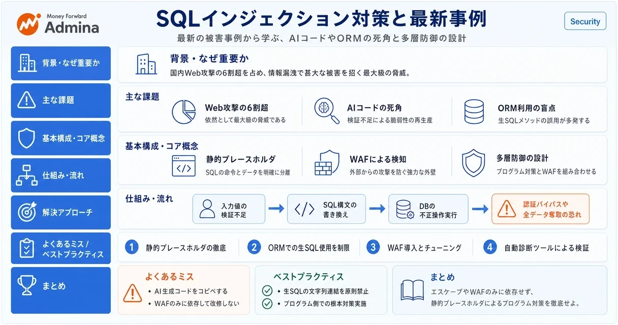 SQLインジェクションの仕組みと、静的プレースホルダを用いた対策や多層防御、国内での被害事例について解説する図。