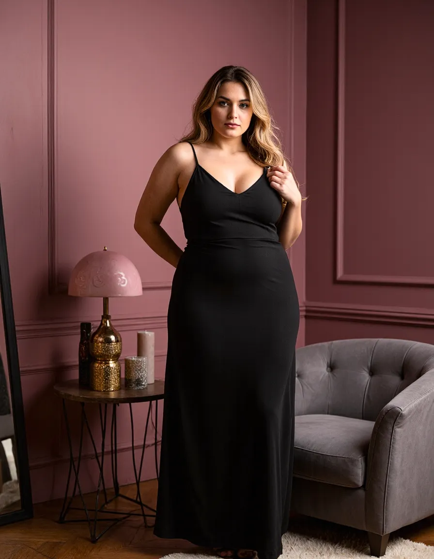 Woman in elegant black gown posing in pink styled room with modern furniture and decorative lighting