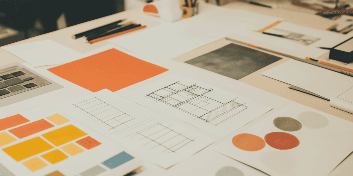 Designer's desk with architectural plans, color swatches and sketches