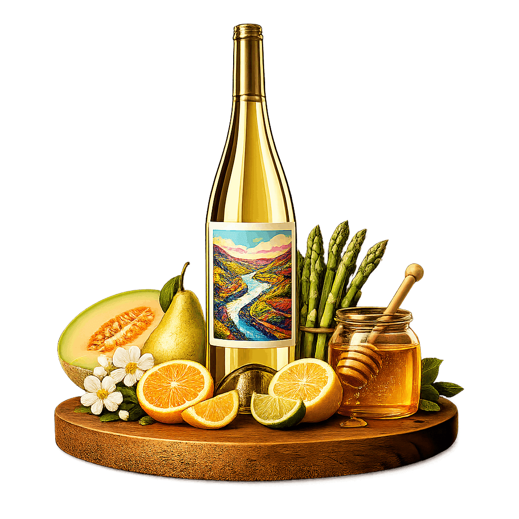 Artistic label and flavor profile for Moselle Auxerrois on a rustic wooden table.