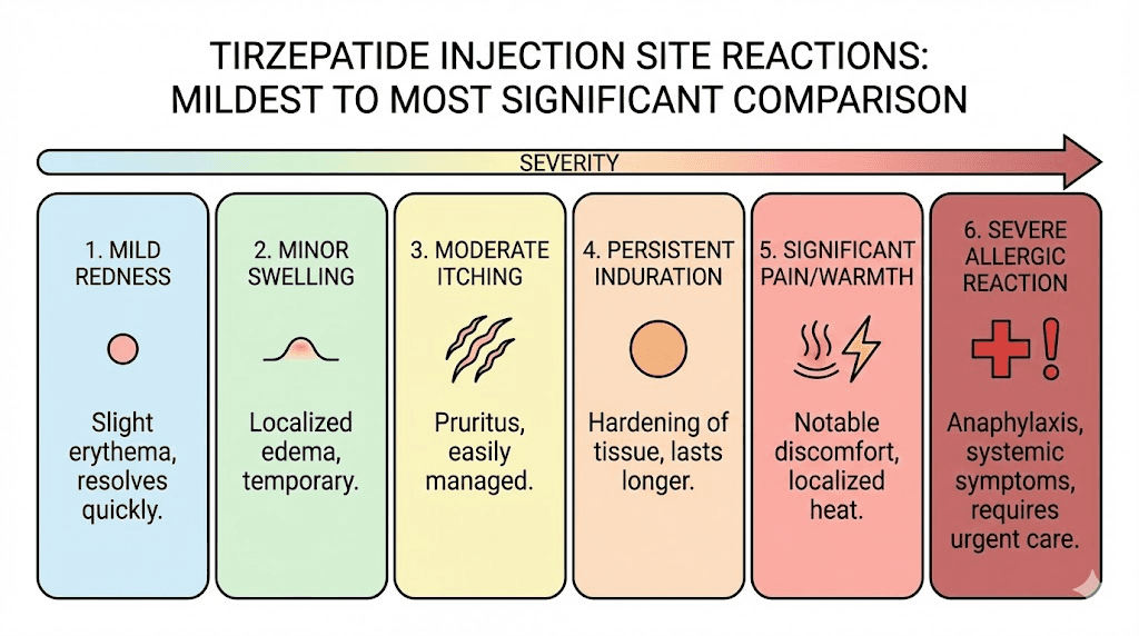Types of tirzepatide injection site reactions comparison chart from mild to significant