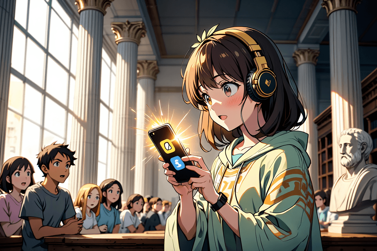 Student comparing two AI study apps on their smartphone in a neoclassical library