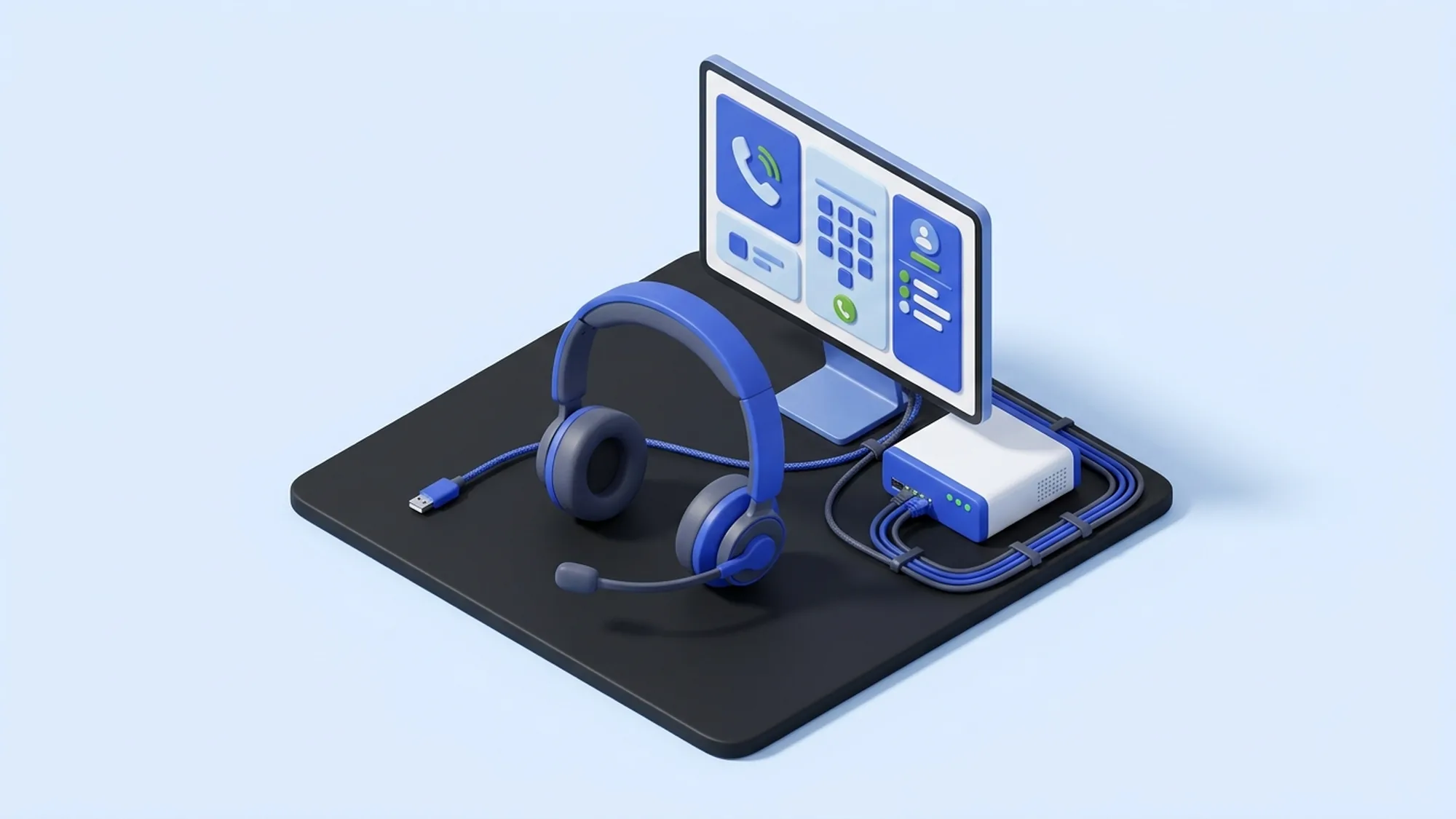 Illustration 3D de l'infrastructure technique d'un call center : casque double oreillette, softphone et IPBX cloud