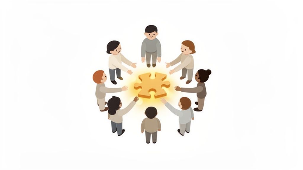 Diverse individuals collaborate around a glowing golden puzzle piece, representing teamwork and solutions.