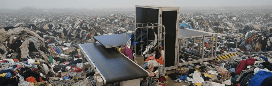 Sort Mate AI textile grading machine at a landfill site, demonstrating Trosort’s mission to divert waste into profitable reuse and recycling streams.