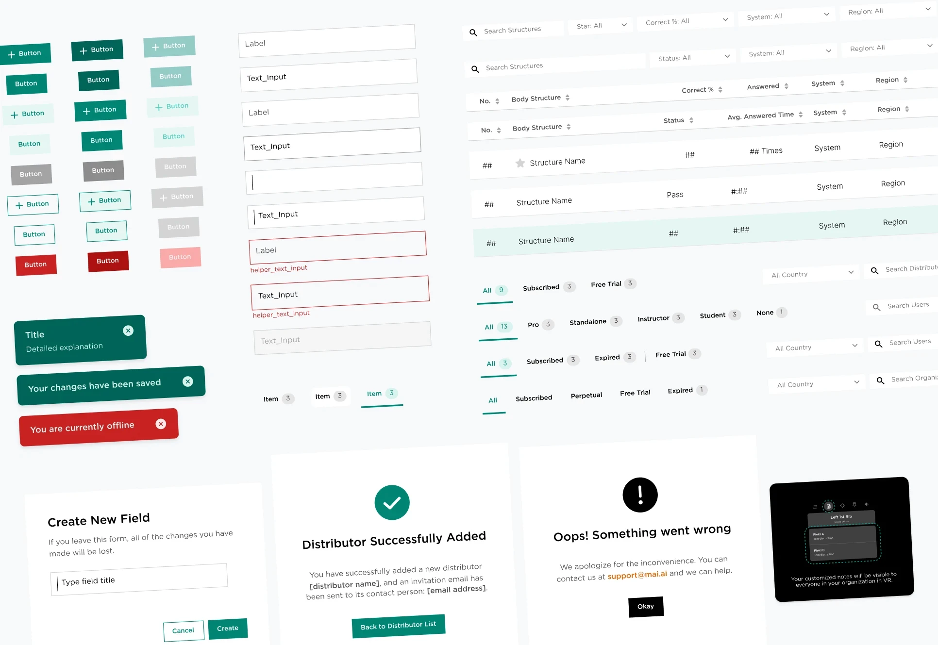 MAI Portal UI components including buttons, form fields, tables, notification banners, and modals