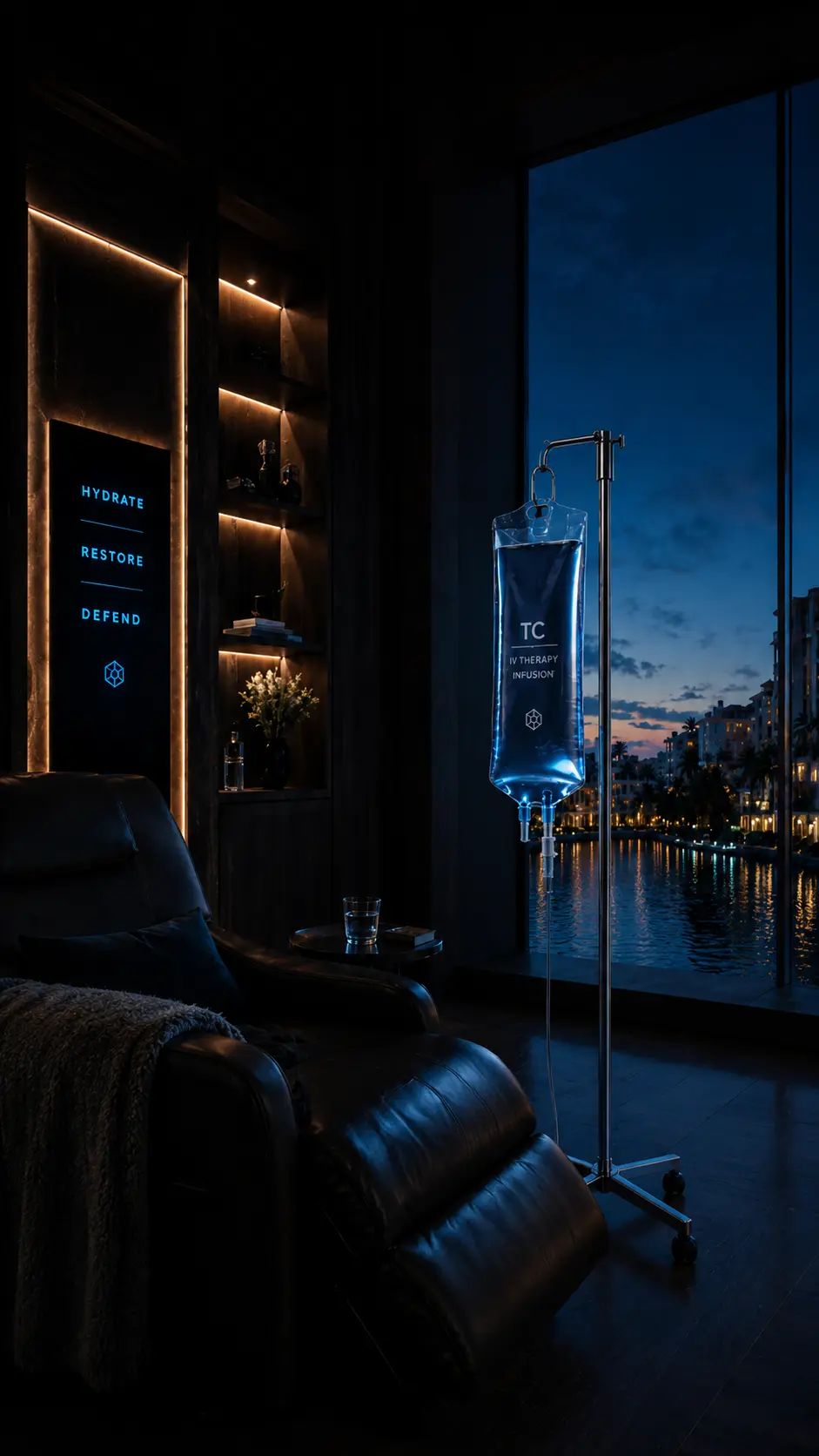 Dark IV therapy lounge with an illuminated sign and IV stand at dusk