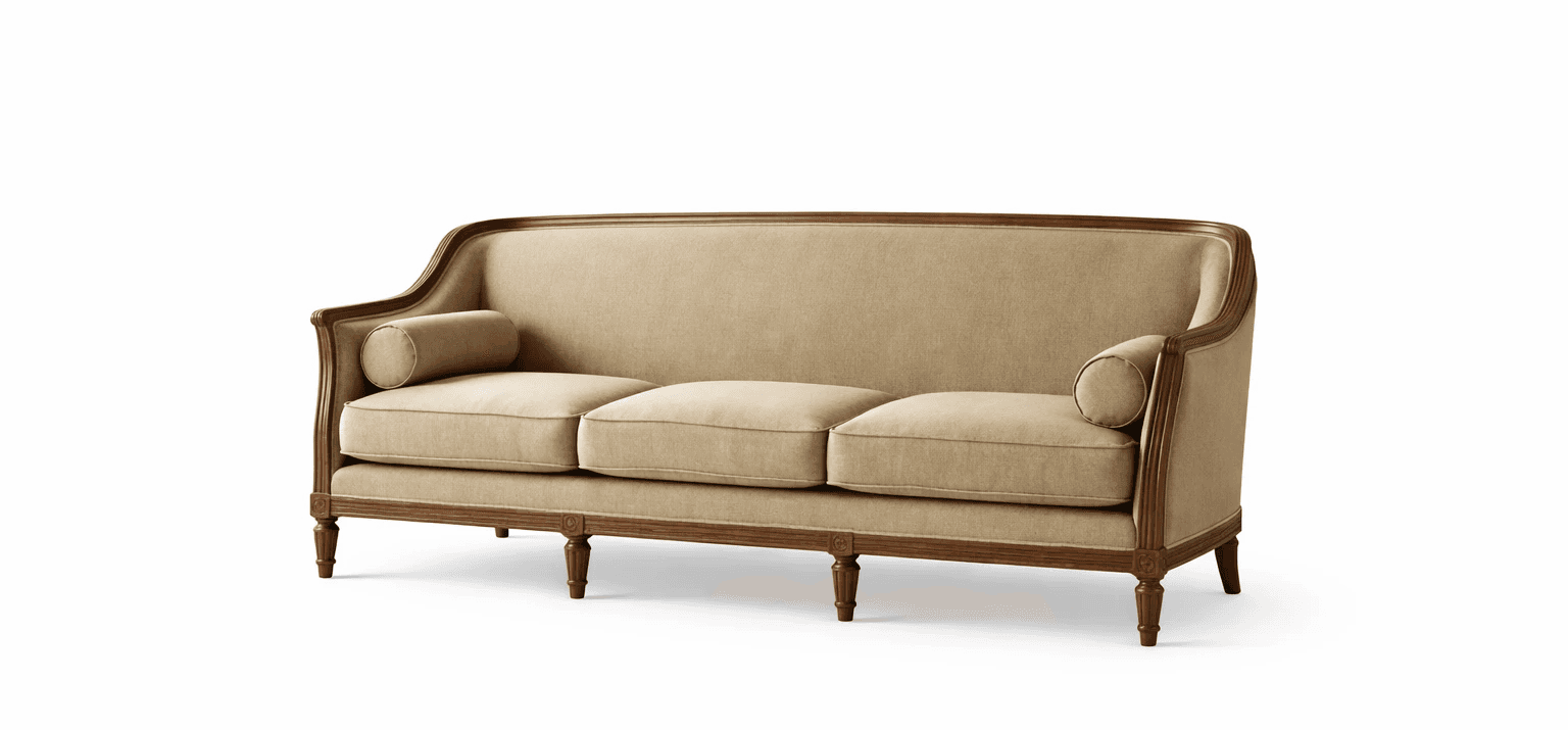 Minimal classic sofa with straight arms, tailored upholstery, and slim wooden legs