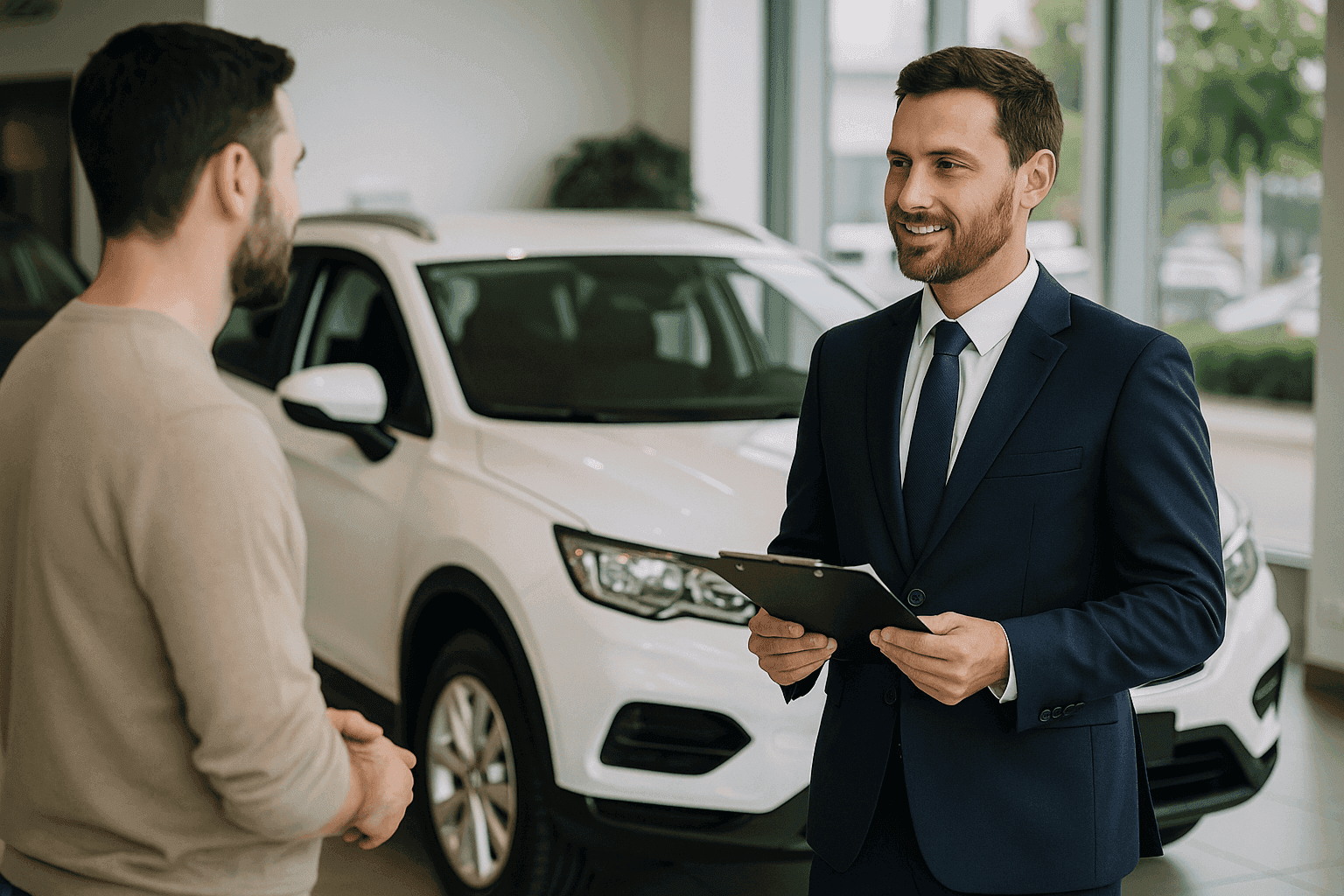 Car salesman talking to customer in dealership