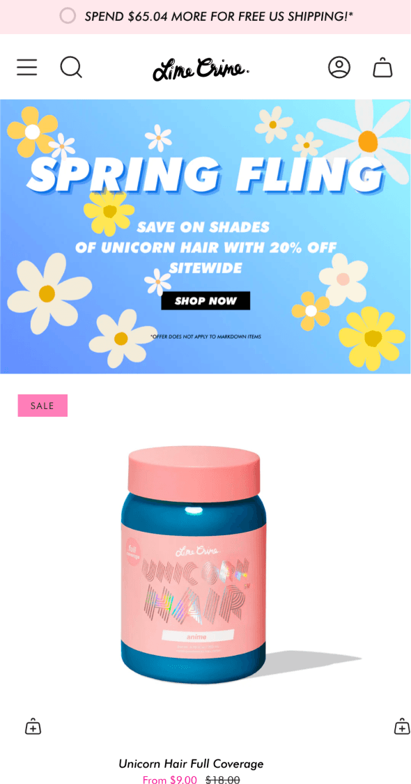 Mobile Shopify homepage for Lime Crime featuring seasonal promotion and product highlight