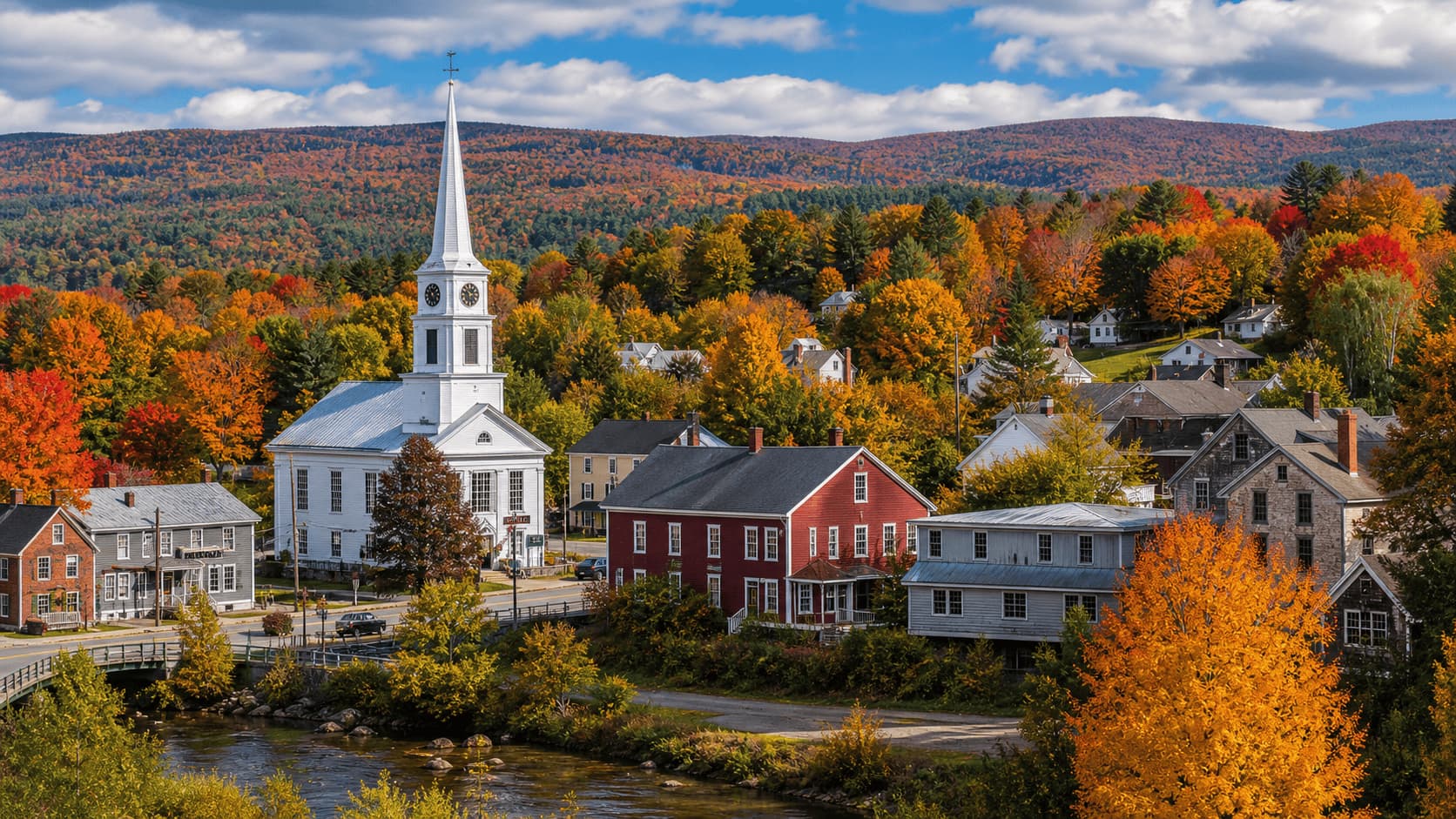 Small town in Vermont with church, trees and autumn colors