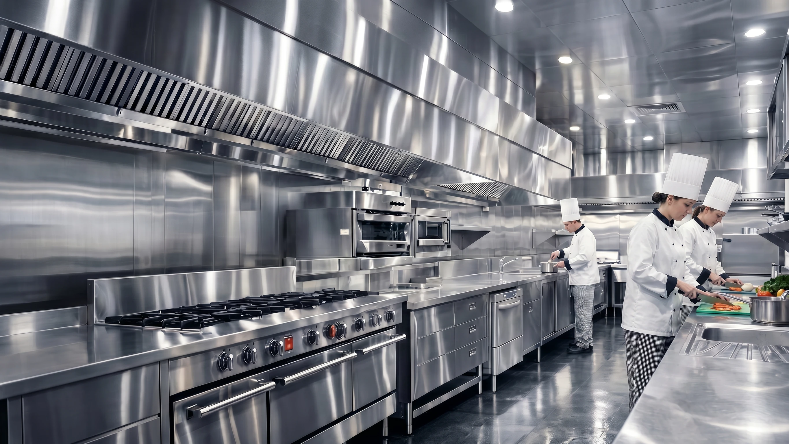 Picture of a pristine clean commercial kitchen with workers preparing food in a save environment.