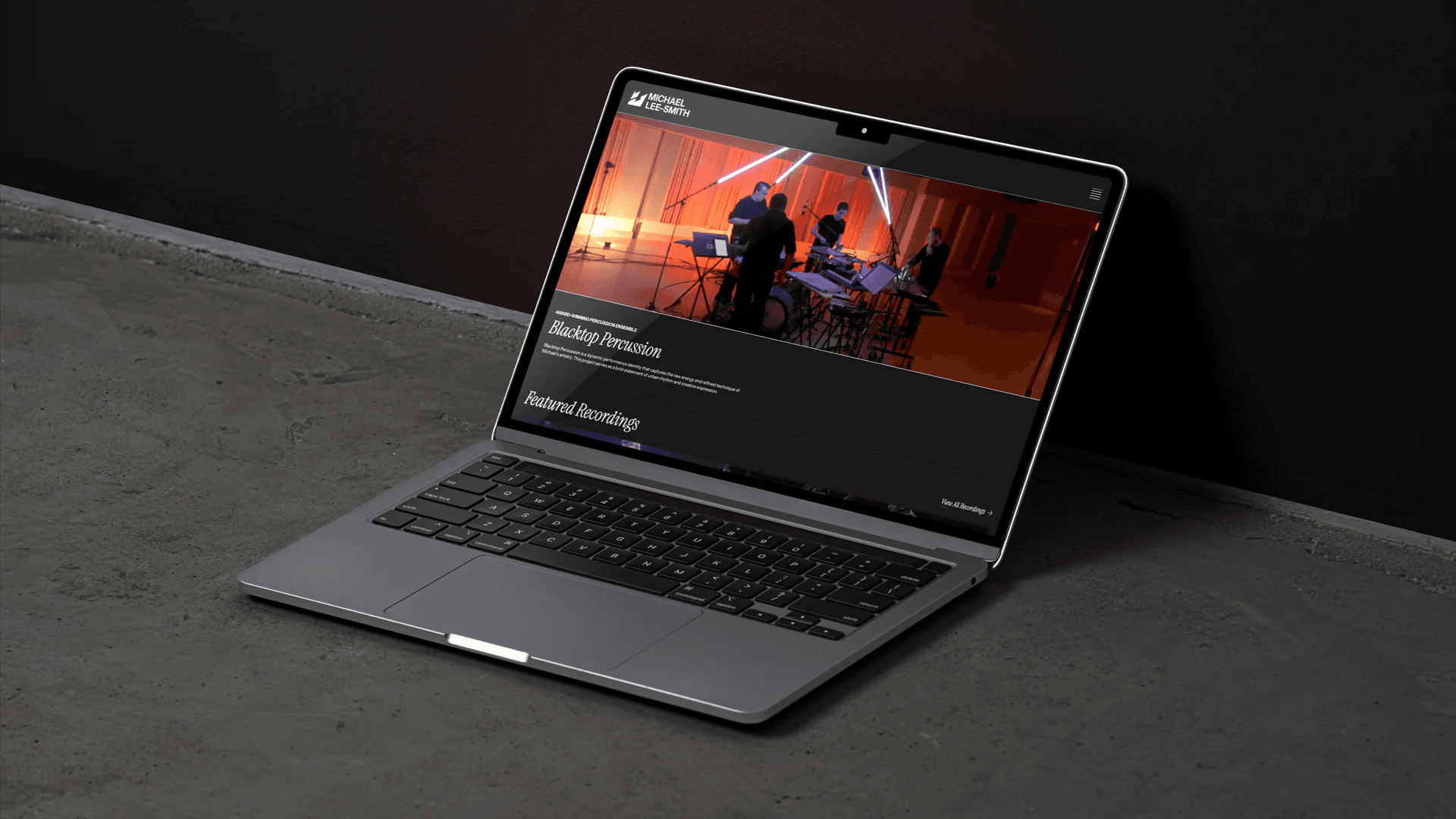Mockup of the MLS portfolio site showing the final UI for the Blacktop Percussion project page on a clean, modern layout.