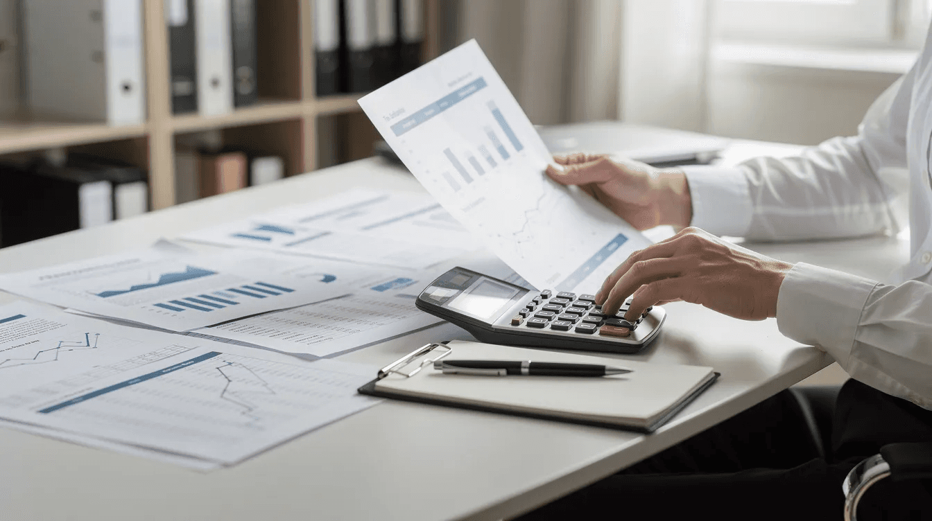 A person is seated at a desk, reviewing financial documents while using a calculator, indicating they are assessing their current medical expenses and planning for future healthcare costs. The scene suggests a focus on managing health savings account (HSA) funds and considering investment strategies for tax-free growth and retirement savings.