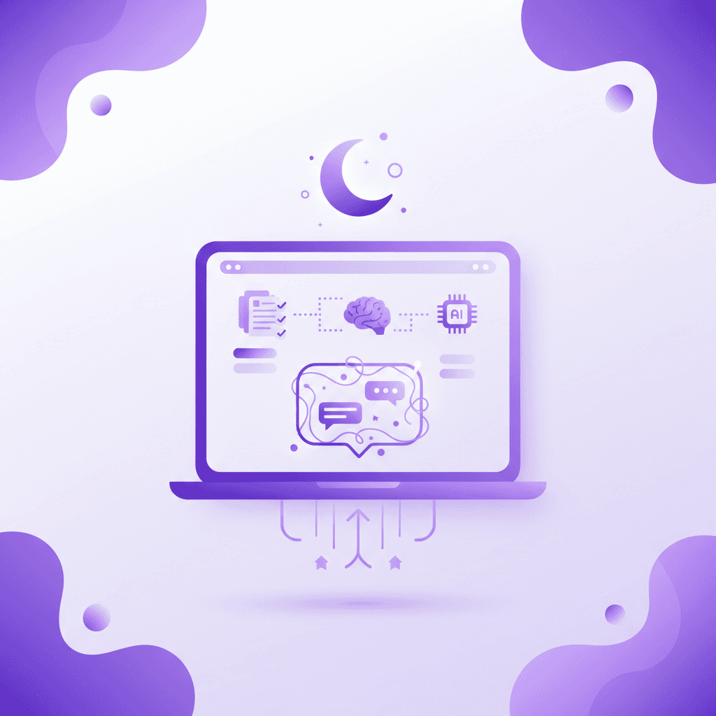 A student studying late at night on a laptop with an AI chat interface visible.