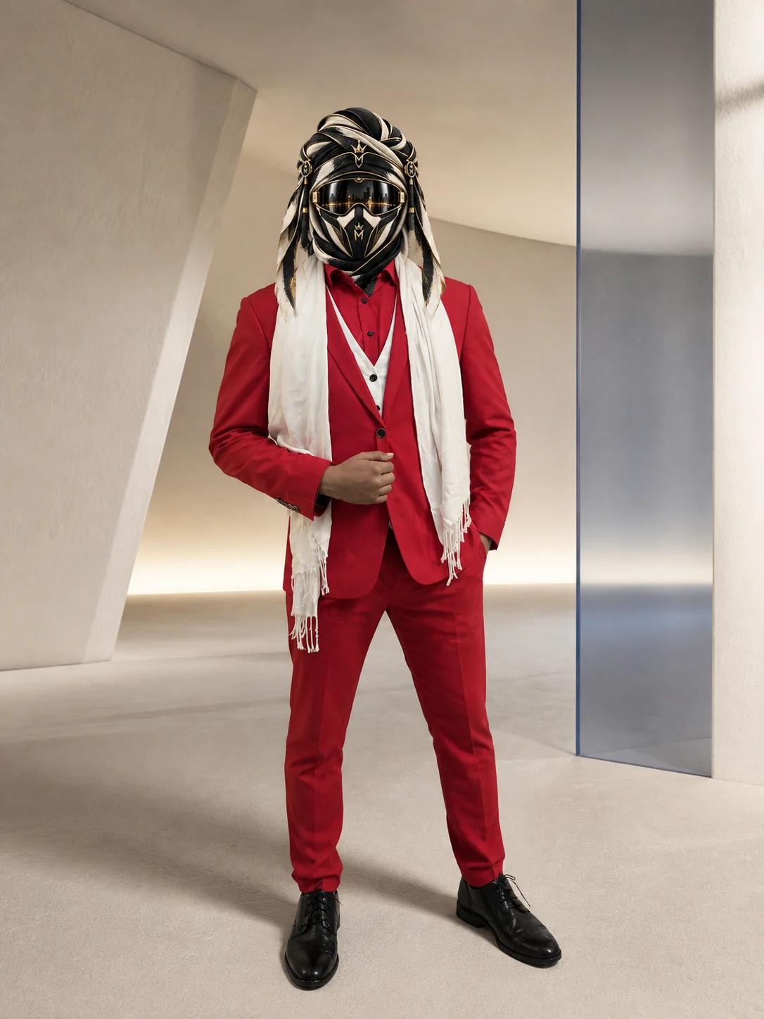 Full-length view of Red with a White Scarf, a saturated red two-piece suit worn with a long white scarf and black shoes, with the official Marzelest face covering.