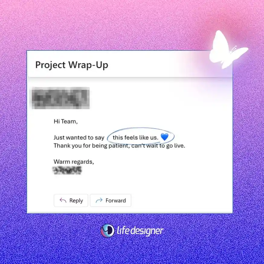 Client testimonial on Life Designer’s purple interface showing positive feedback about Branding
