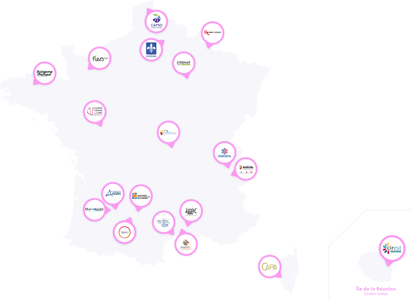 Références de viaTransit en France : Toulouse, Ajaccio, Sète, Chinon, Agen, Guingamp, Saint-Benoit-de-la-Réunion, etc.