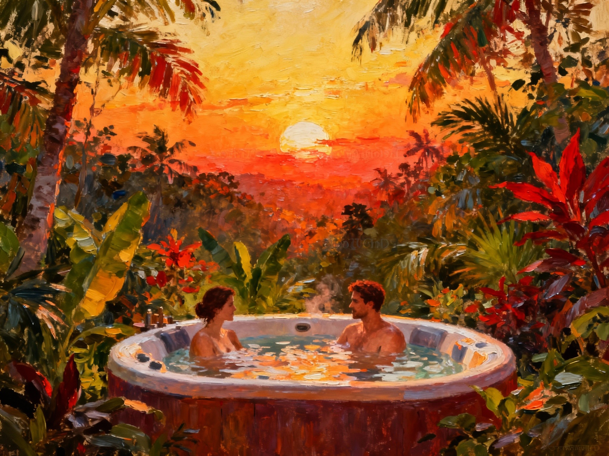 A vibrant wide landscape illustration showcasing a couple enjoying a 2 person hot tub surrounded by