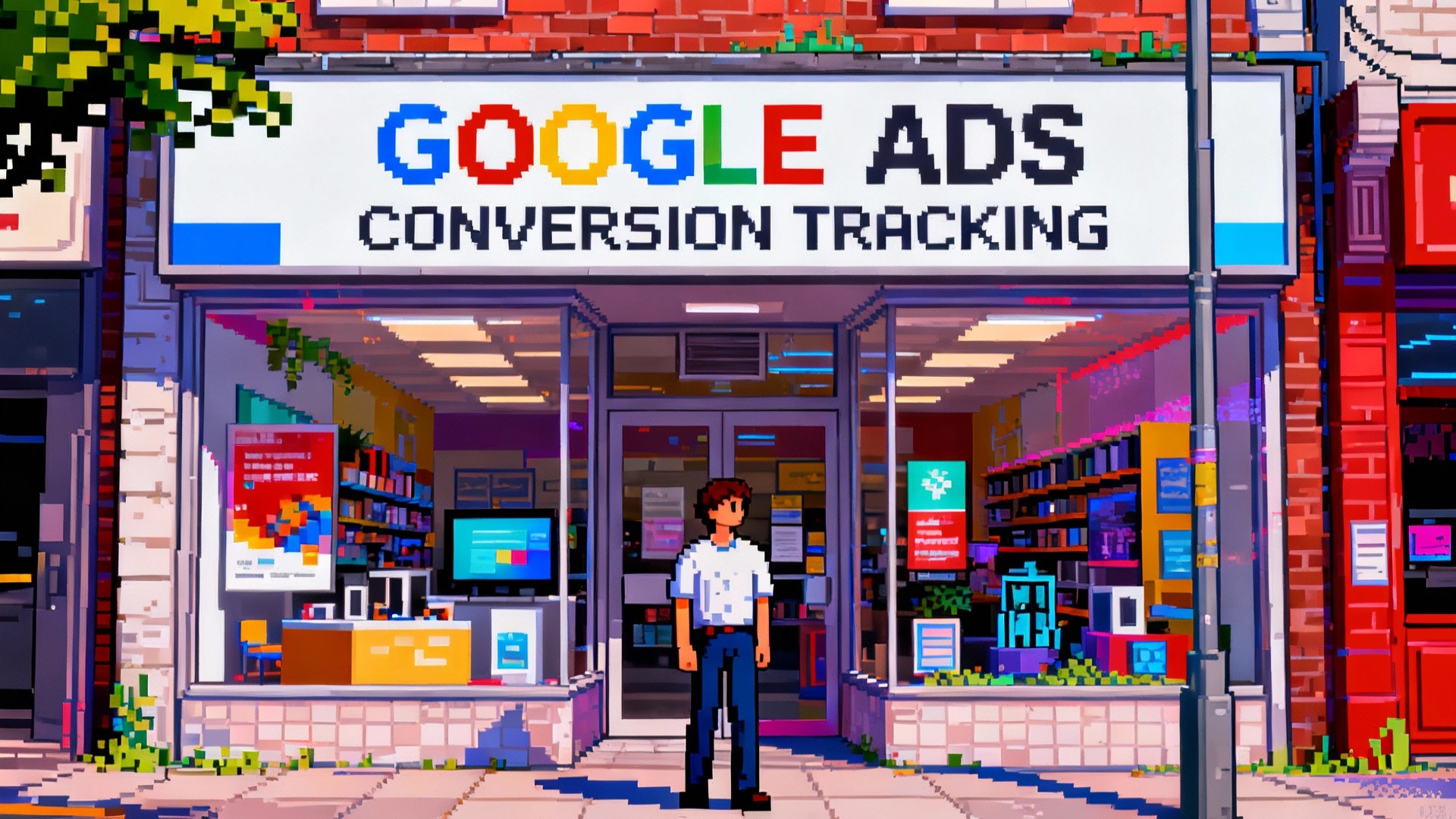 a surreal and vibrant cinematic photo of, Turn this photo into 8-bit retro video game style image. Maintain the exact text GOOGLE ADS