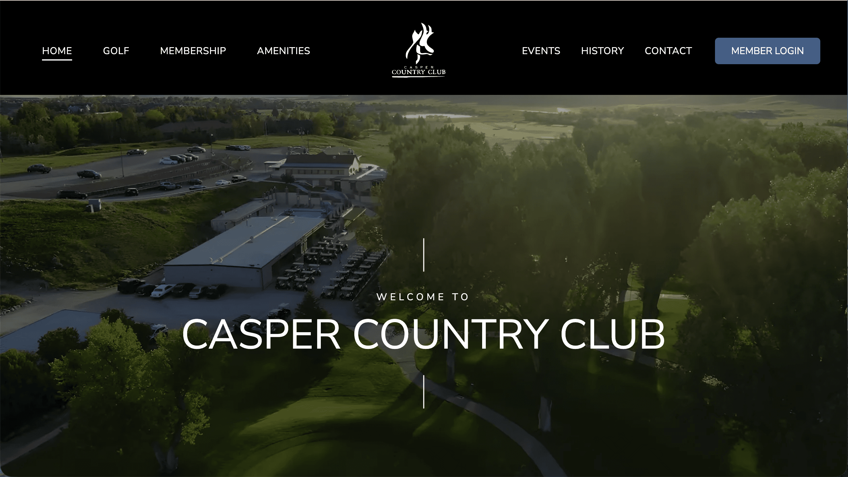 Casper Country Clubs's website's homepage featuring their pristine golf course with a menu offering more information on membership, dining, golf and other amenities