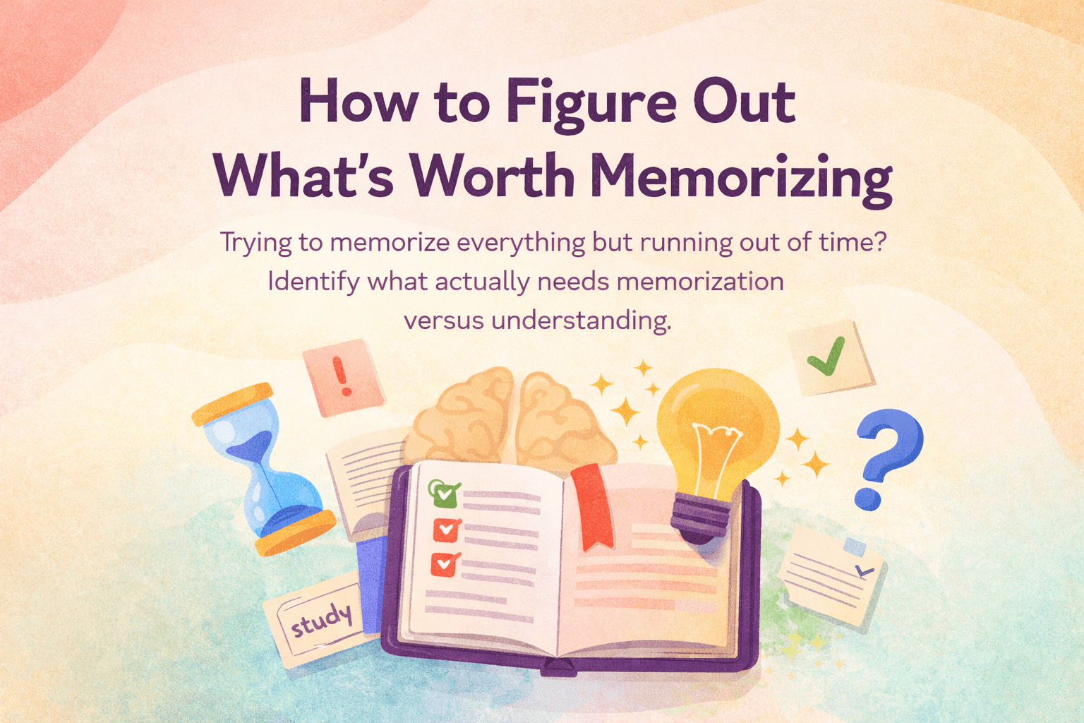 How to Figure Out What's Worth Memorizing with open book, brain and lightbulb icons guiding smarter study choices.