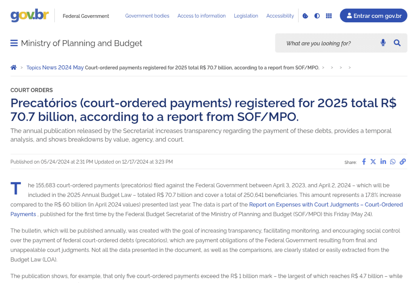 An image illustrating a news item on the website www.gov.br regarding the content discussed in this context. The highlighted title states that: "Precatórios registered for 2025 total R$ 70.7 billion, according to a report from SOF/MPO."