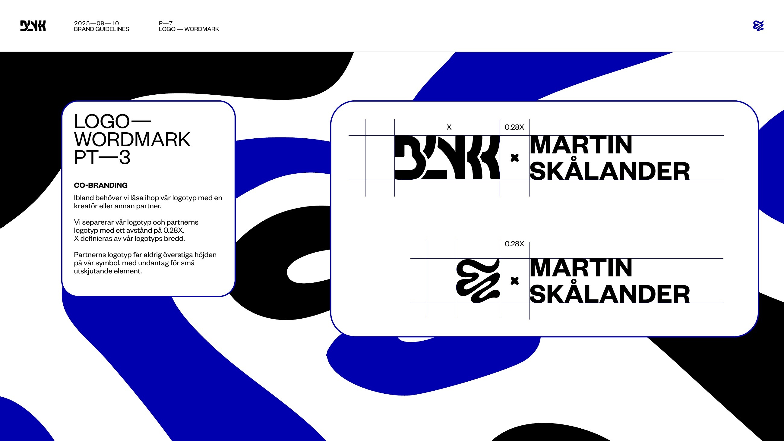 BLNKK co-branding guidelines with Martin Skålander lockup examples and spacing rules