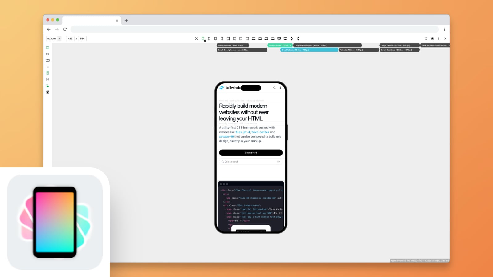 Viewport Resizer: Ultimate Device Emulator extension displaying the Tailwind CSS homepage on an iPhone 15 Pro Max screen within a browser window. The interface includes a toolbar at the top with various device breakpoints categorized by screen size, and a resolution label is shown in the bottom corner. The extension’s logo, featuring a colorful gradient phone icon with glowing swirls, appears in the bottom-left corner.