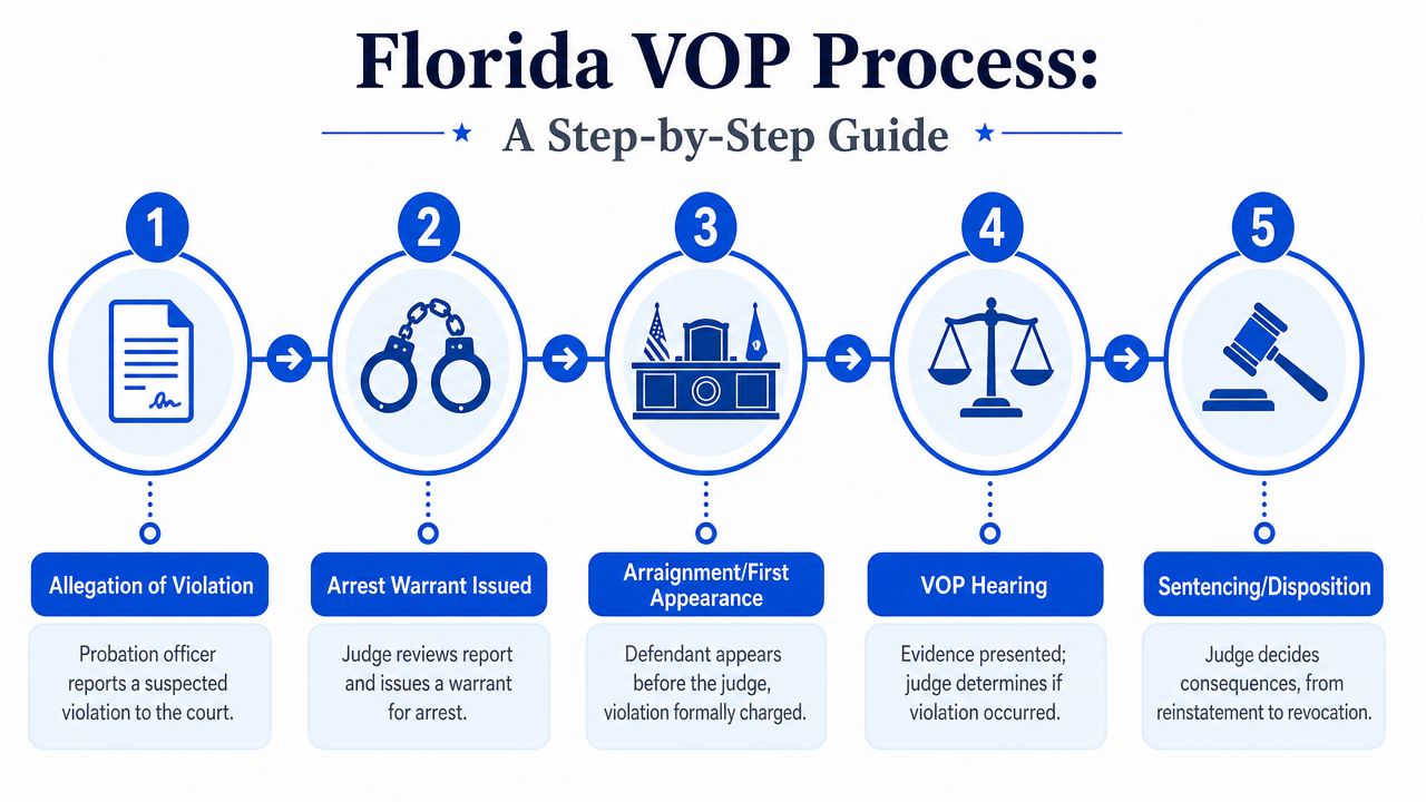 A step-by-step flowchart infographic outlining the Florida VOP process from violation allegation to final sentencing.