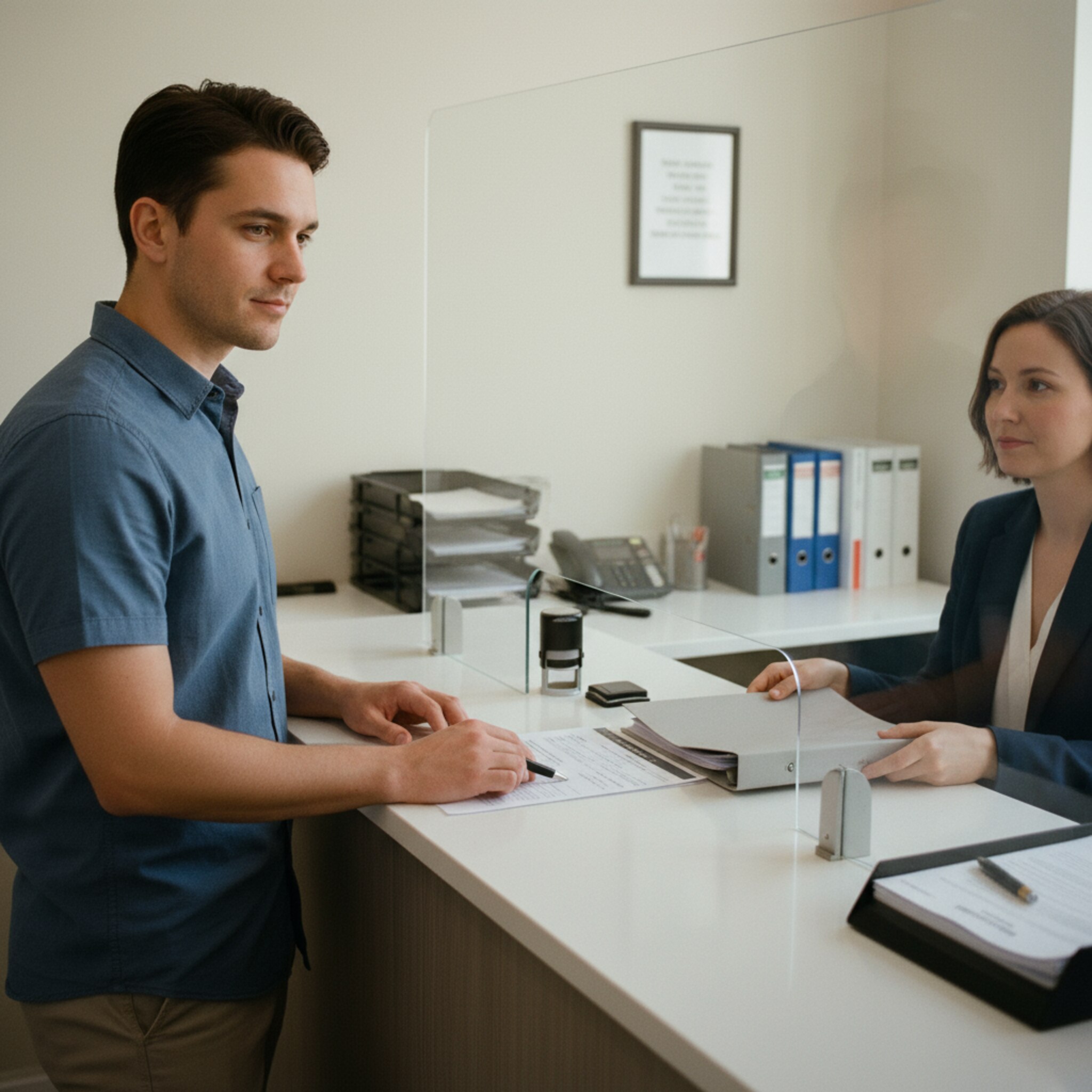 Am Konsularschalter beugt sich eine Sachbearbeiterin leicht vor und nimmt eine Mappe entgegen. Der Antragsteller zeigt auf ein Formular und bleibt gelassen. Zwischen ihnen eine dezente Glasabtrennung, dahinter ordentliche Regale. Die Szene wirkt professionell, strukturiert und serviceorientiert, ohne Hast oder Hektik.
