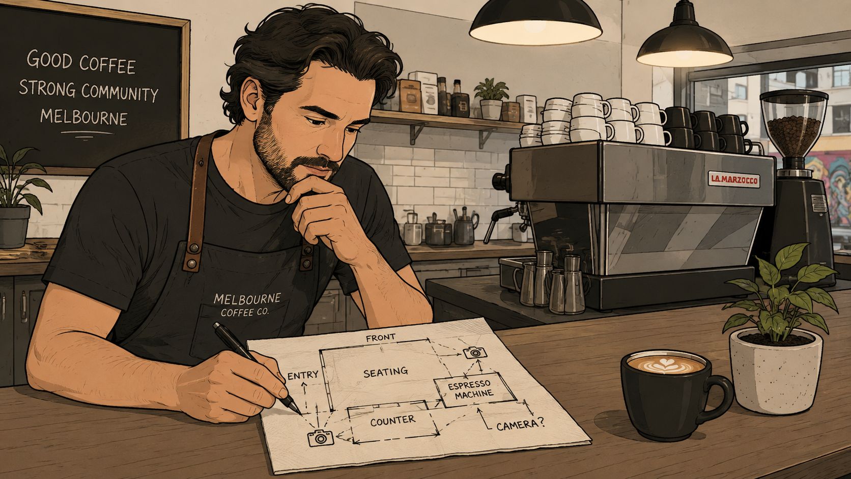 A male coffee shop owner sketching a security camera layout on a floor plan at his cafe counter.