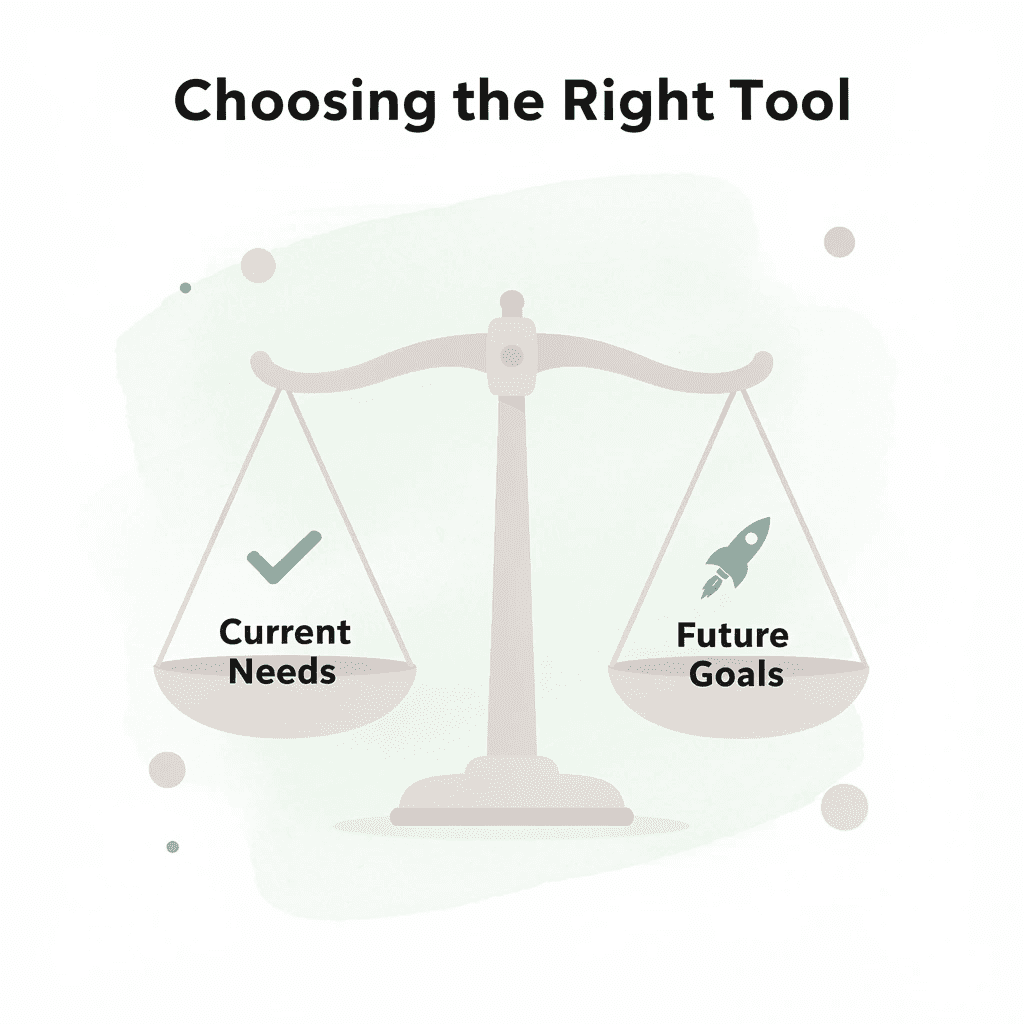 Scale balancing current business needs against future goals when choosing tools
