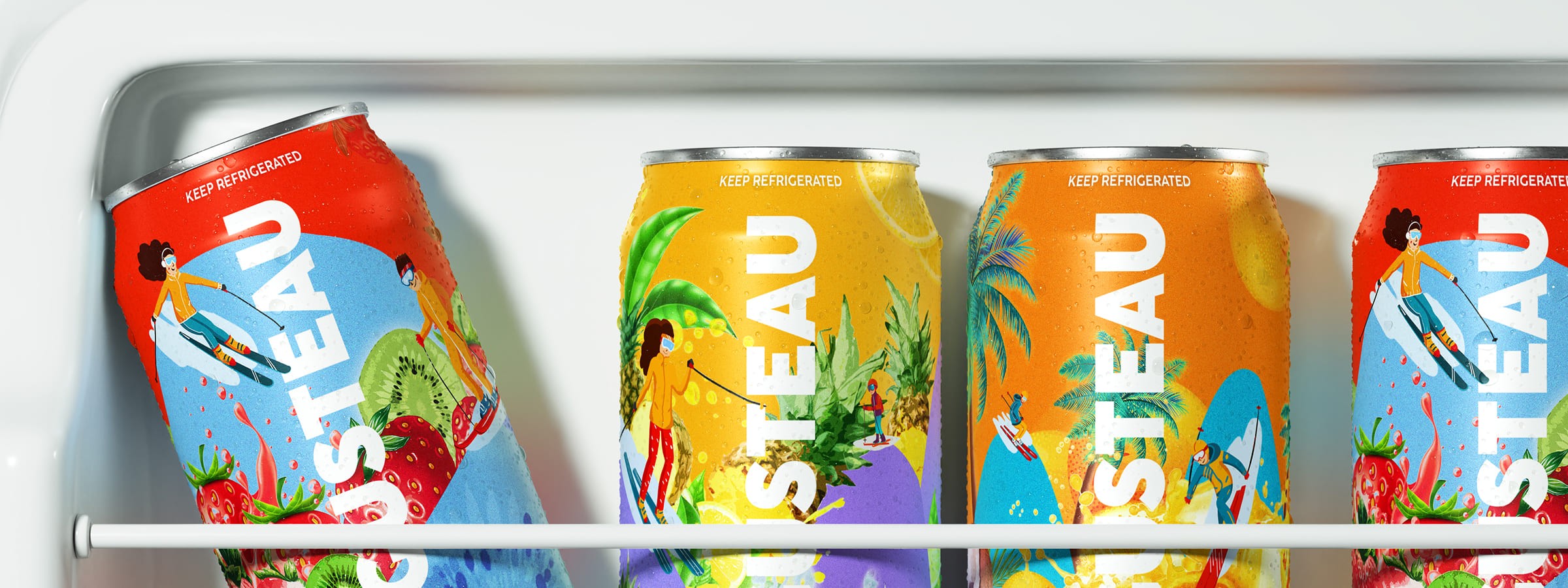Gusteau beverage brand identity and soda can packaging design with colorful illustrated fruit flavors
