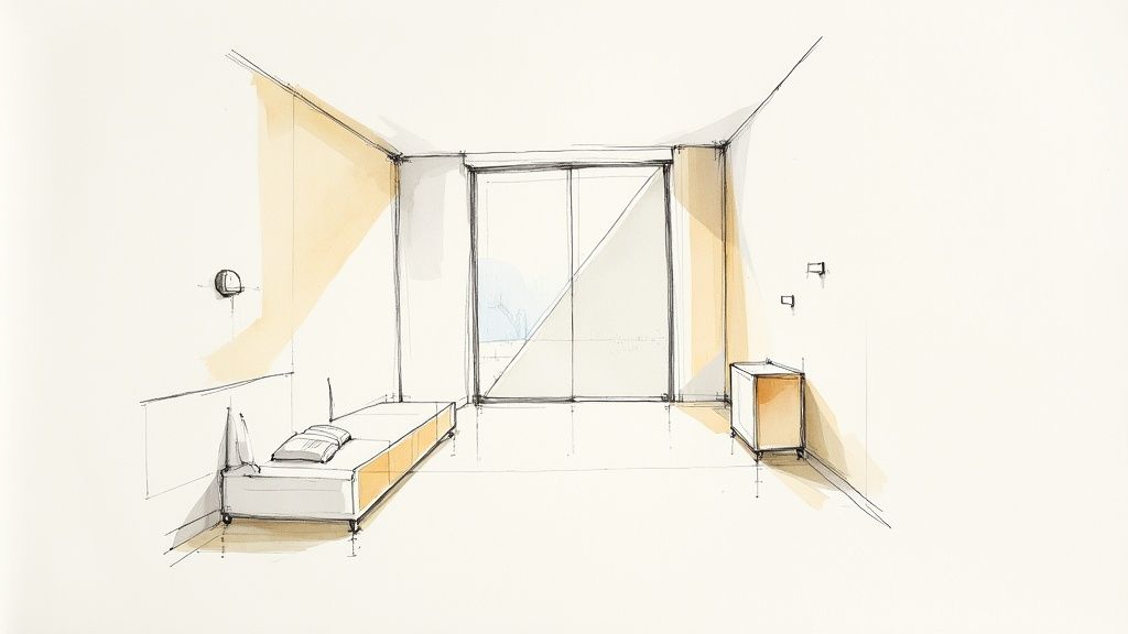 Hand-drawn architectural sketch of a modern bedroom with a bed, table, and large window.