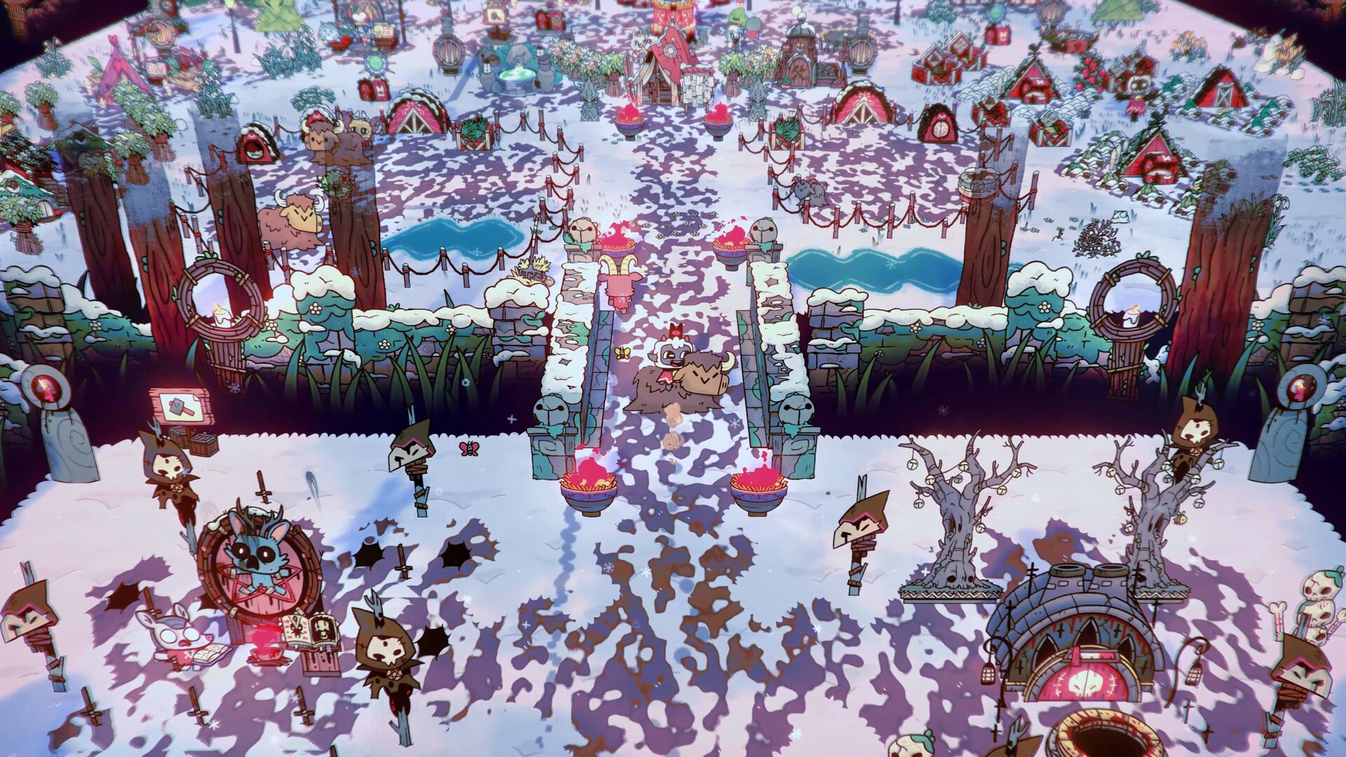 Screenshot Cult of the Lamb sur PC Steam, village du culte enneigé avec fidèles, bâtiments rituels et décorations, gameplay de gestion et simulation dans un univers sombre et stylisé