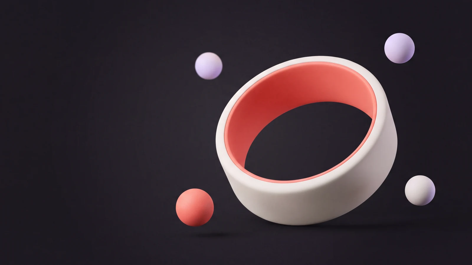 Abstract 3D illustration of a soft matte clay band shaped like a wide off white ring, with four small spheres floating around it on a near black background.