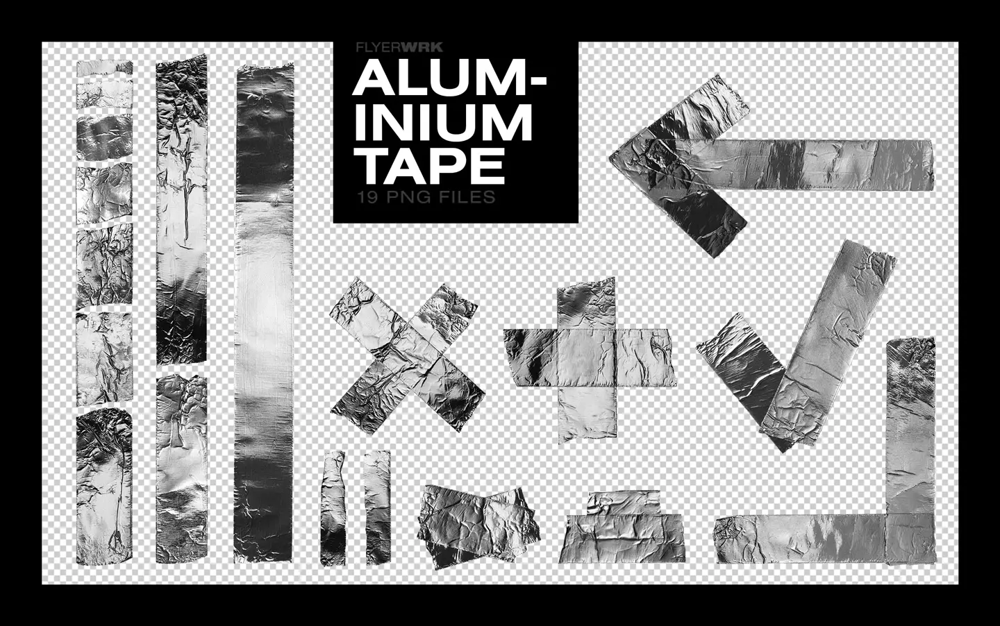 Isolated Adhesive Tape Pieces aluminum tape collection with nineteen silver metallic shapes on transparent background