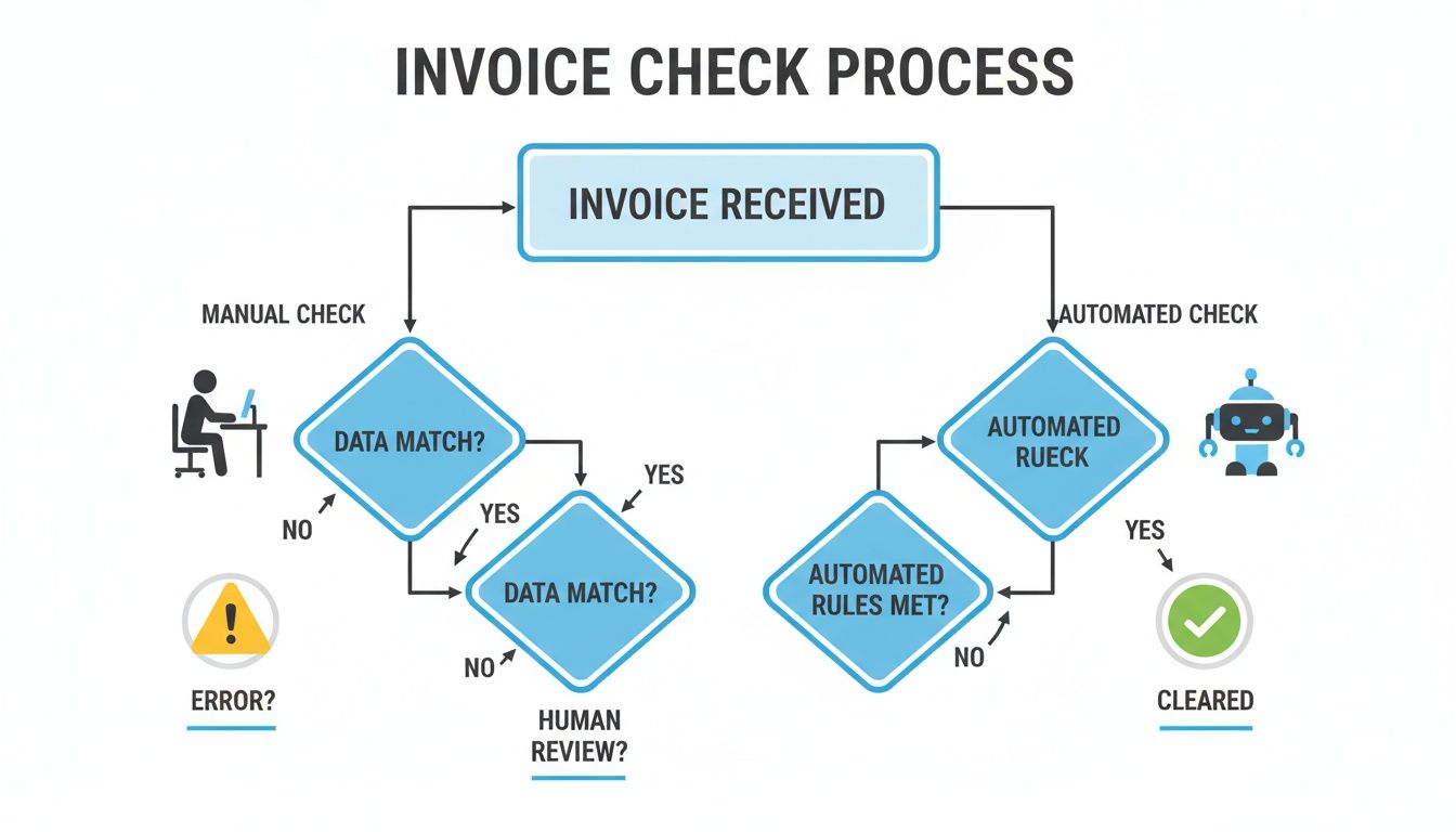 Flowchart detailing an invoice check process, showing manual and automated paths with data matching and rule verification.