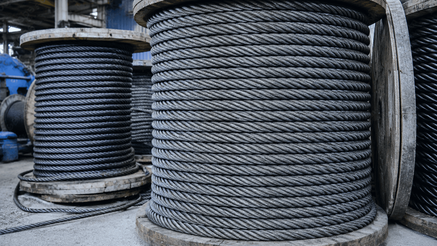 Large spools of steel cable in an industrial warehouse.
