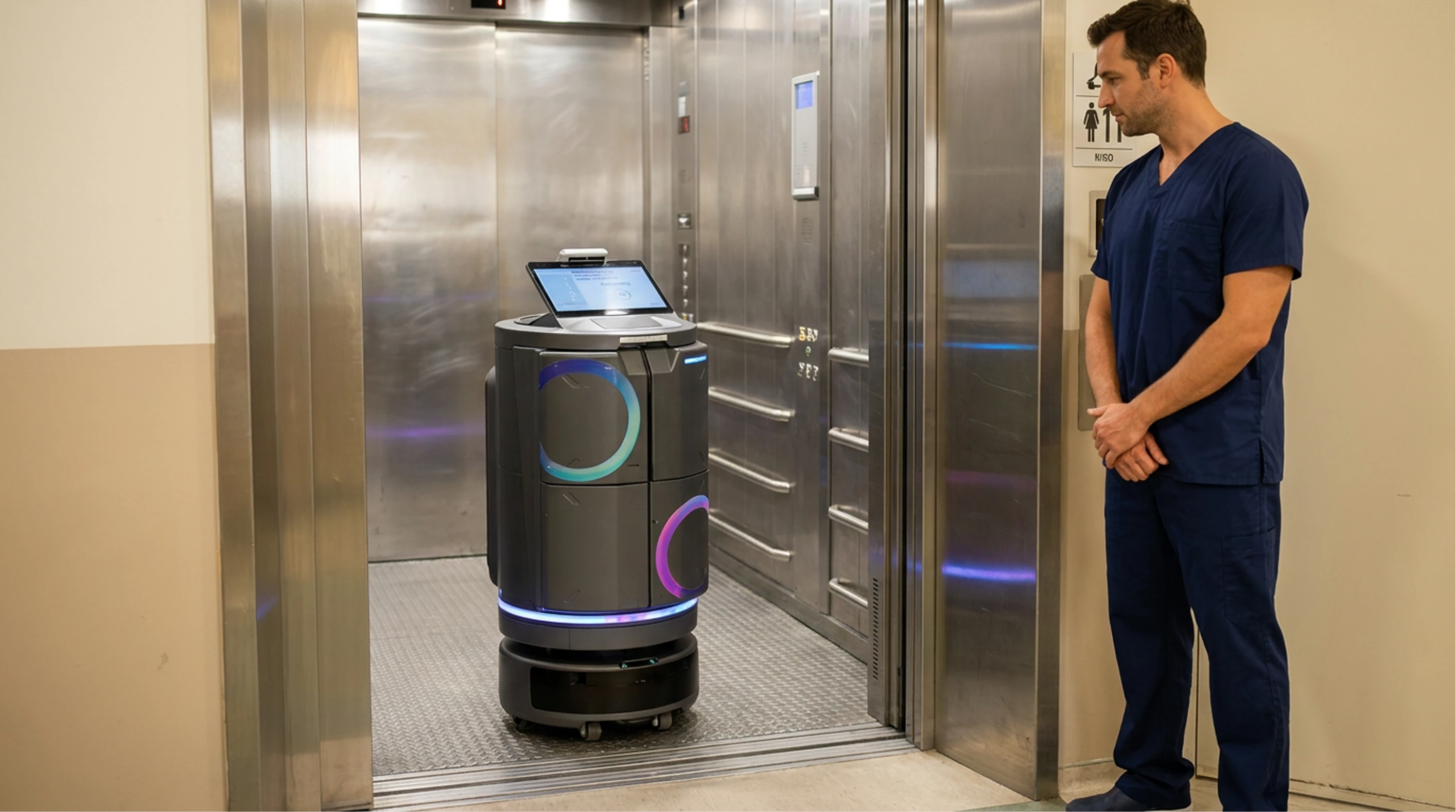 RZ-100 entering a hospital elevator beside a staff member.