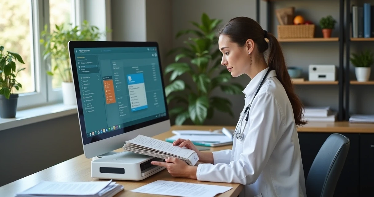 Profissional digitalizando prontuários antigos em consultório moderno 