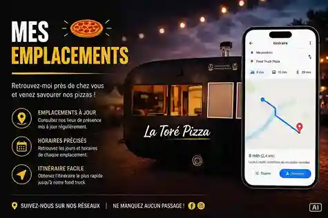 affiche expliquant les emplacements du food truck La Toré Pizza.