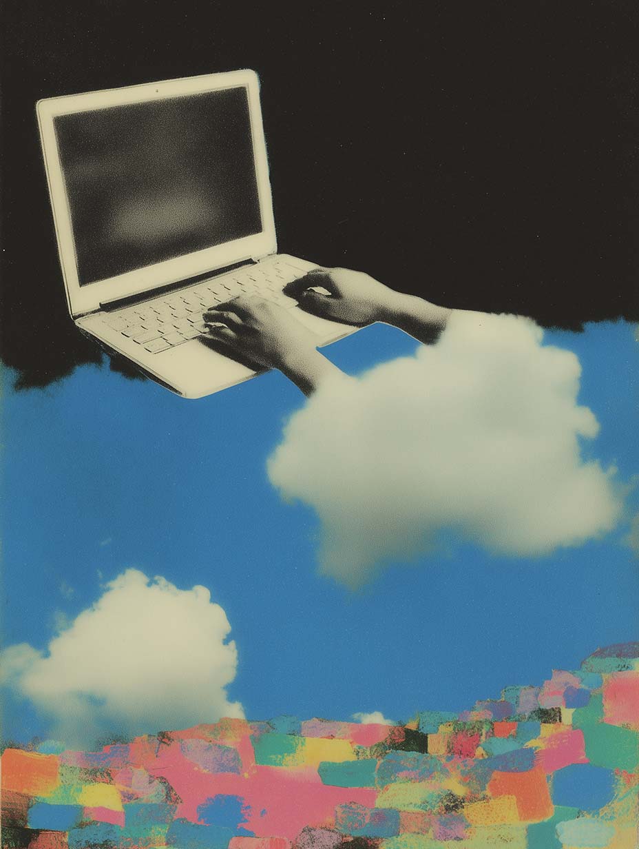 Surreal digital collage showing stacked human eyes beneath a cloud, symbolizing perception and awareness.