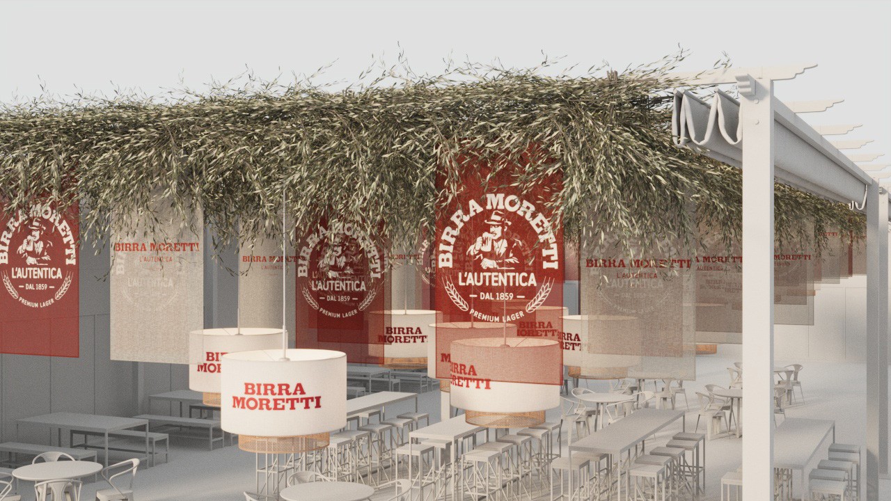 Birra Moretti fabric flags used as decor in a premium bar setting