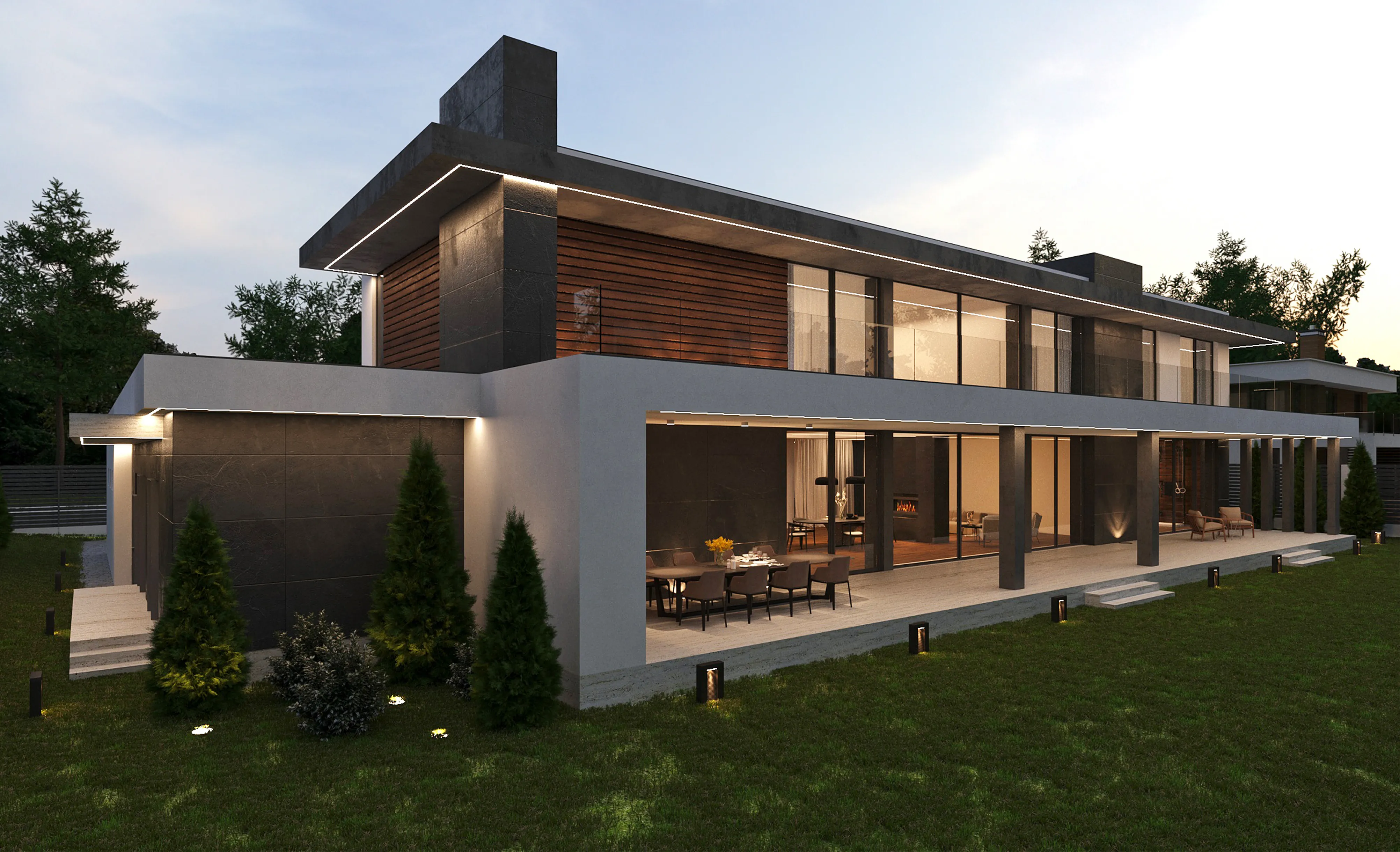 Large modern luxury villa with sleek flat roofs, integrated LED lighting, and expansive glass windows overlooking a manicured lawn
