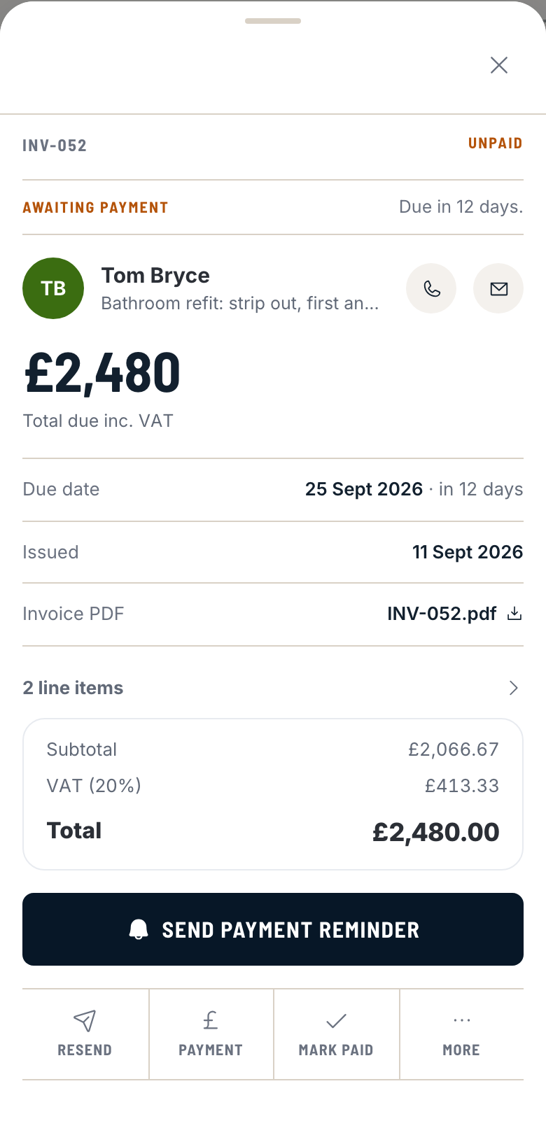 TradePilot invoice INV-052 for Tom Bryce, £2,480 awaiting payment.