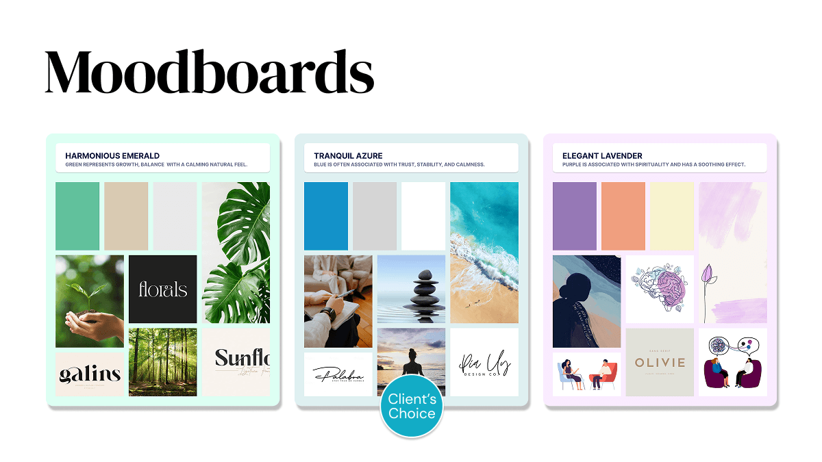 3 moodboards displaying different colors and branding directions